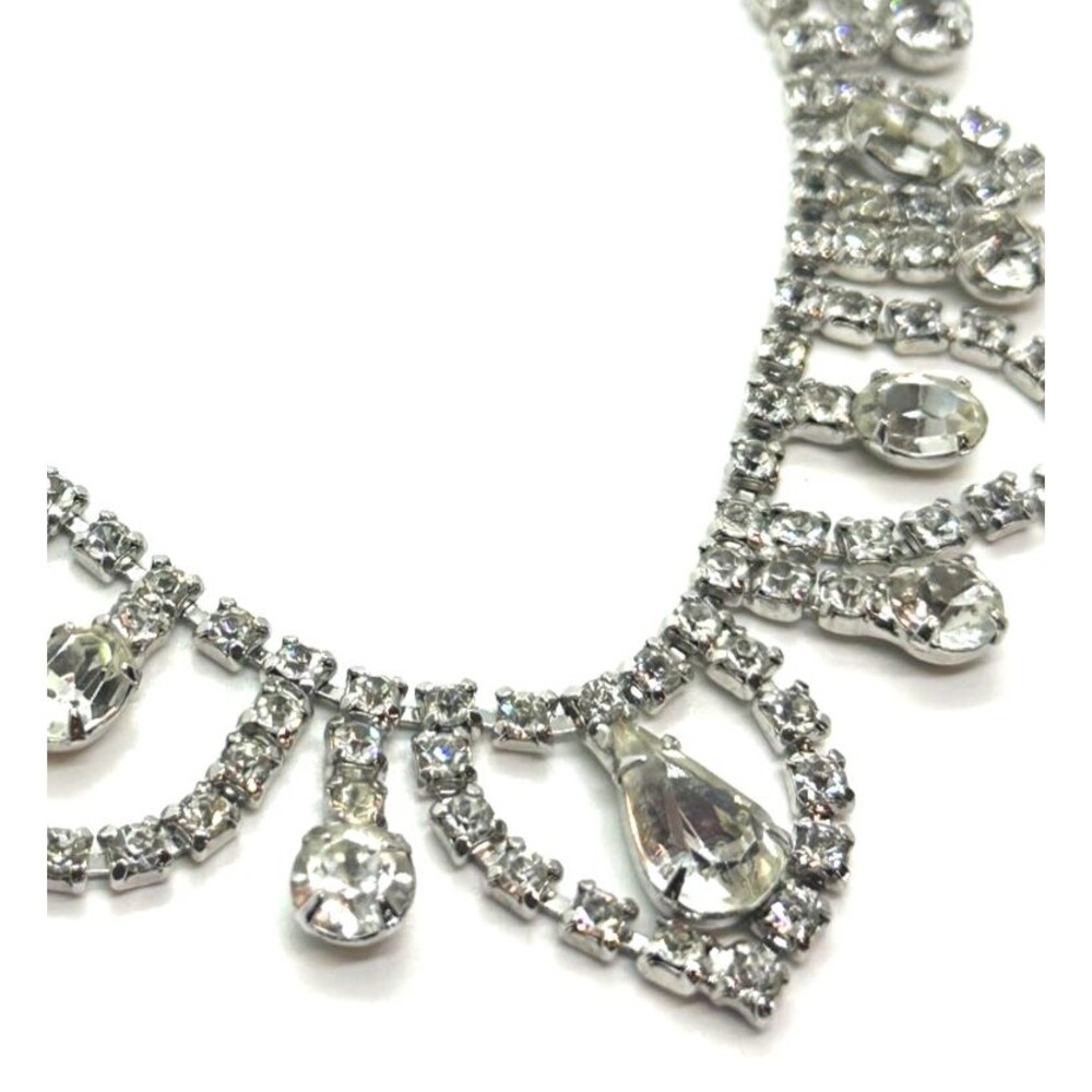 Vintage Ledo Rhinestone Bib Necklace Clear Crystal Fringe Bridal Statement